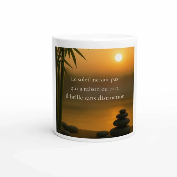 Mug citation zen le soleil ne sait pas qui a raison ou tort – tasse inspirante décoration minimaliste bambou galets