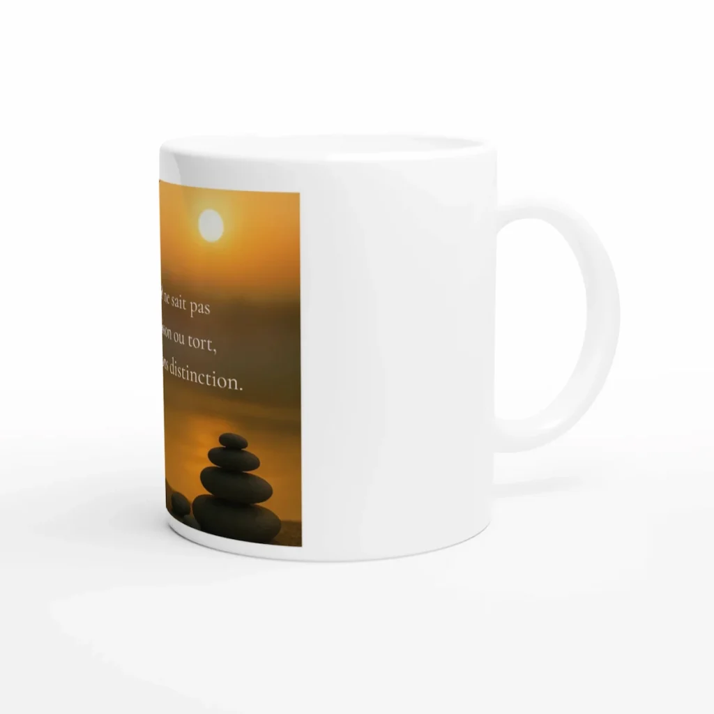 Mug blanc avec citation japonaise sur la lumière – design zen avec bambou et galets – idée cadeau apaisante