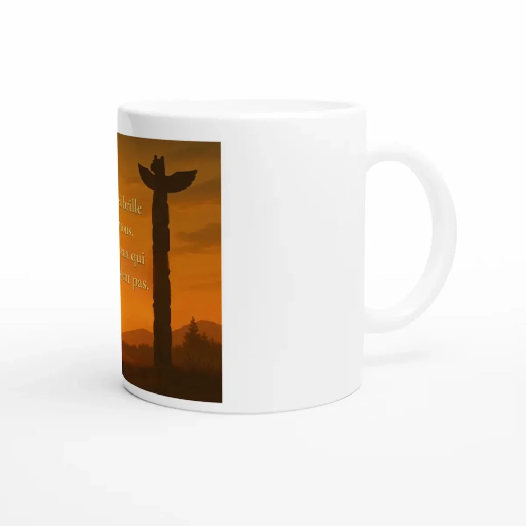 "Mug décoration citation proverbe amérindien coucher de soleil totem – Le soleil brille pour tous – objet inspirant et apaisant"