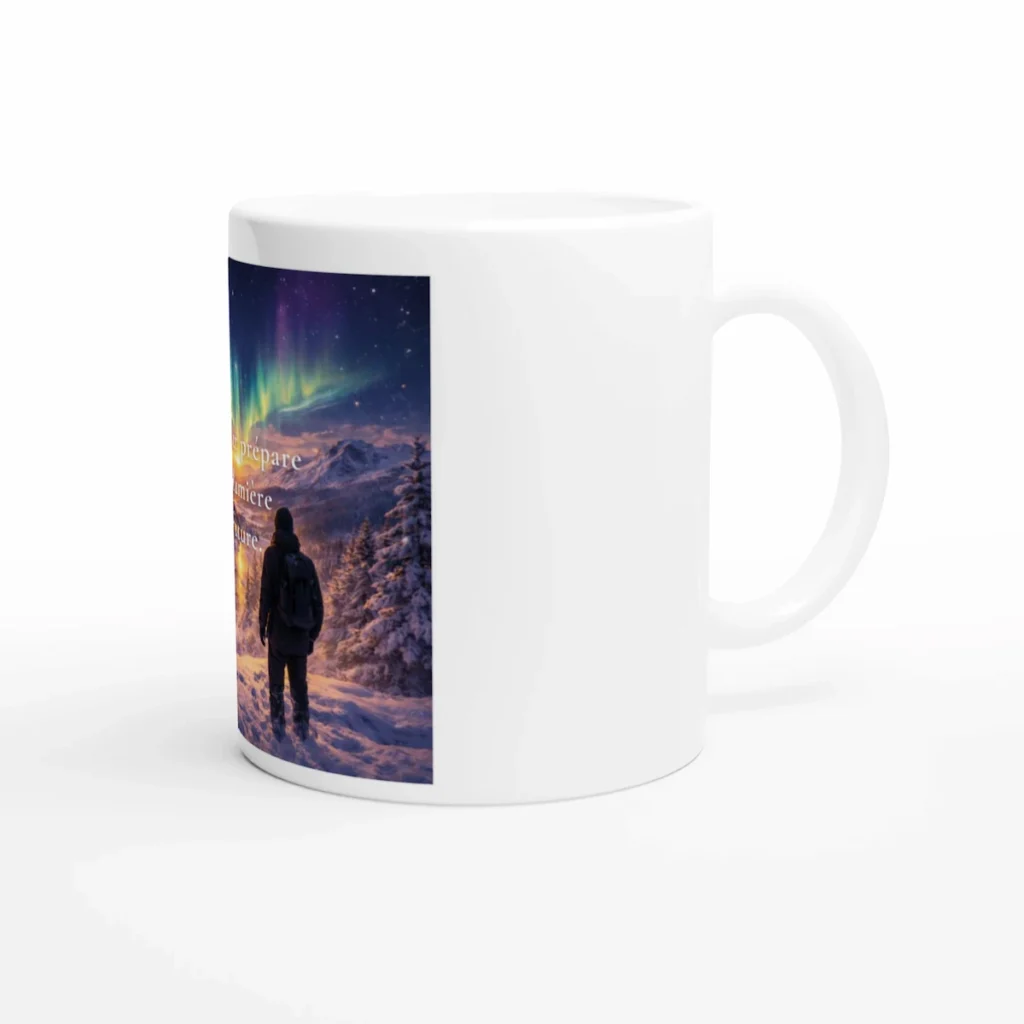 Mug blanc avec illustration hiver lumière future paysage neige et aurore boréale style zen et inspirant