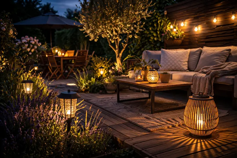 errasse jardin éclairée avec lampes solaires ambiance chaleureuse soirée extérieure lumière douce et conviviale