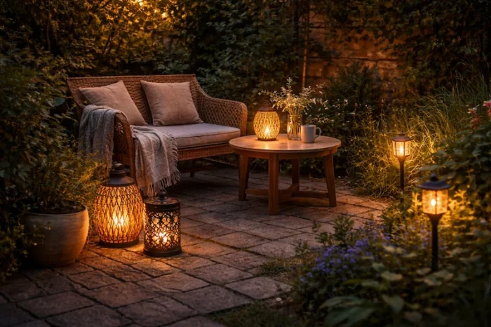 terrasse extérieure éclairée avec lampes solaires lumière chaude ambiance conviviale jardin soir
