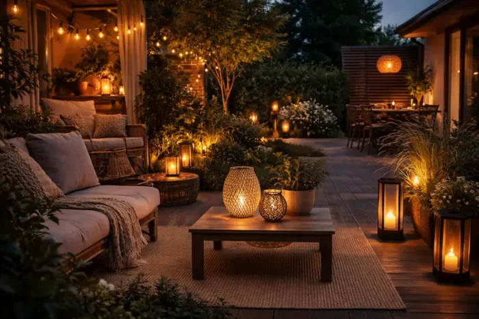 terrasse éclairage solaire ambiance chaleureuse jardin lumière douce soirée extérieure