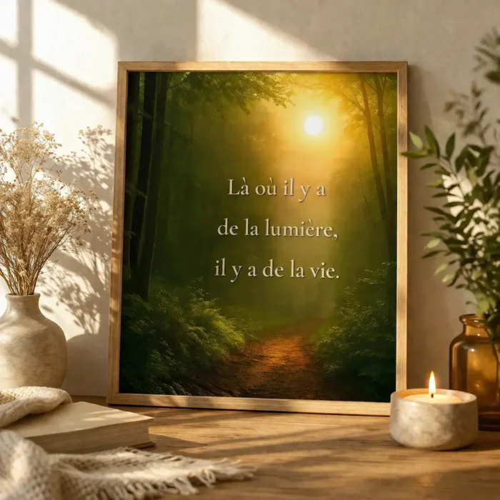 Mise en scène de l’affiche Là où il y a de la lumière, il y a de la vie dans un intérieur lumineux avec cadre en bois, bougie et plantes
