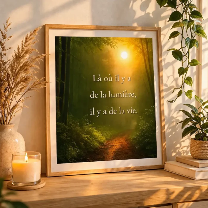 Mise en scène de l’affiche Là où il y a de la lumière, il y a de la vie sur une console en bois avec vase, bougie et lumière naturelle