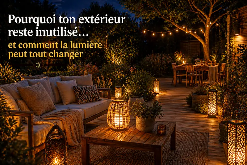 éclairage solaire extérieur terrasse jardin lampes et lanternes lumière chaude ambiance soirée conviviale
