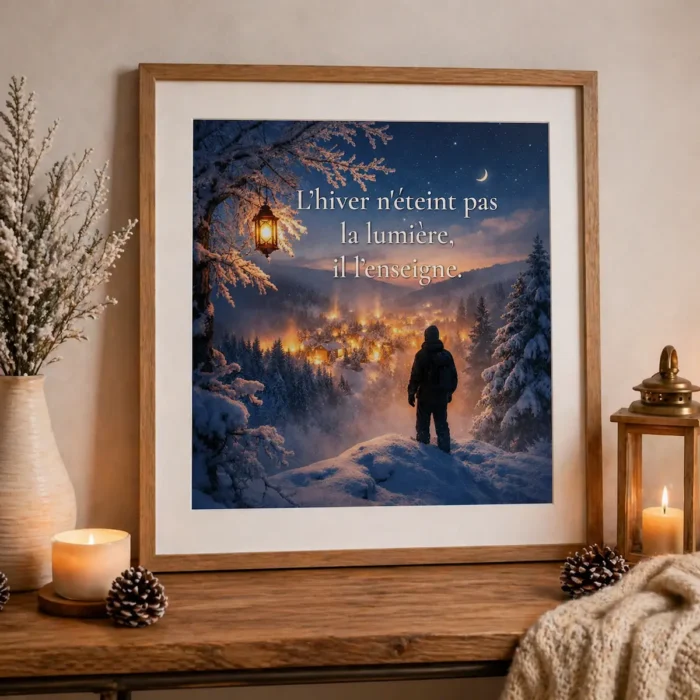 "Affiche encadrée avec citation « L’hiver n’éteint pas la lumière, il l’enseigne » dans une décoration hivernale chaleureuse, avec bougies, lanterne, pommes de pin, plaid en maille et vase de branches givrées."