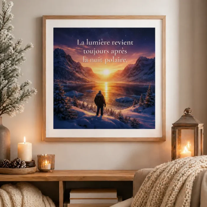 "Affiche encadrée avec citation « La lumière revient toujours après la nuit polaire » dans une décoration hivernale chaleureuse, avec cadre en bois clair, bougies, lanterne, branches givrées et plaid en maille dans une ambiance douce et cocooning."