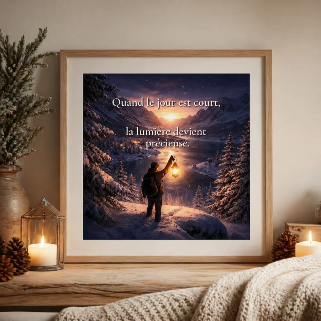 Affiche encadrée citation « Quand le jour est court, la lumière devient précieuse » sur papier mat qualité muséale, mise en scène dans un intérieur hivernal chaleureux.