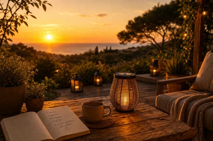 "lanterne solaire sur table en bois au coucher du soleil ambiance chaleureuse extérieur rythme naturel et détente"