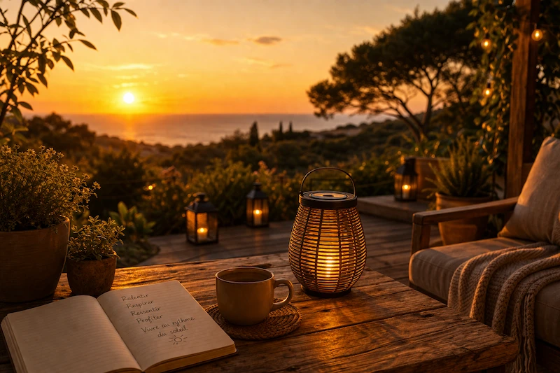"lanterne solaire sur table en bois au coucher du soleil ambiance chaleureuse extérieur rythme naturel et détente"