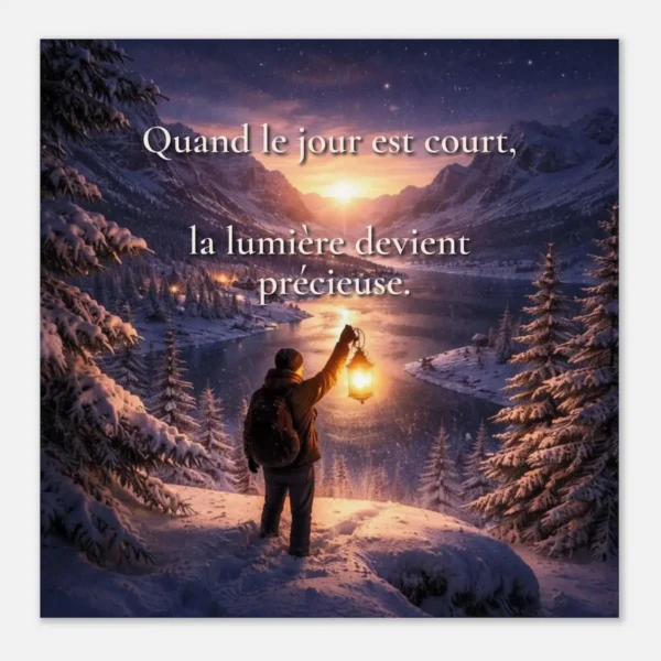 Affiche qualité musée " Quand le jour est court, la lumière devient précieuse vue en angle avec paysage enneigé, lanterne et lumière d’hiver"