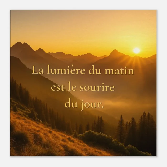 Déco murale La lumière du matin est le sourire du jour avec paysage de montagne doré vue de face