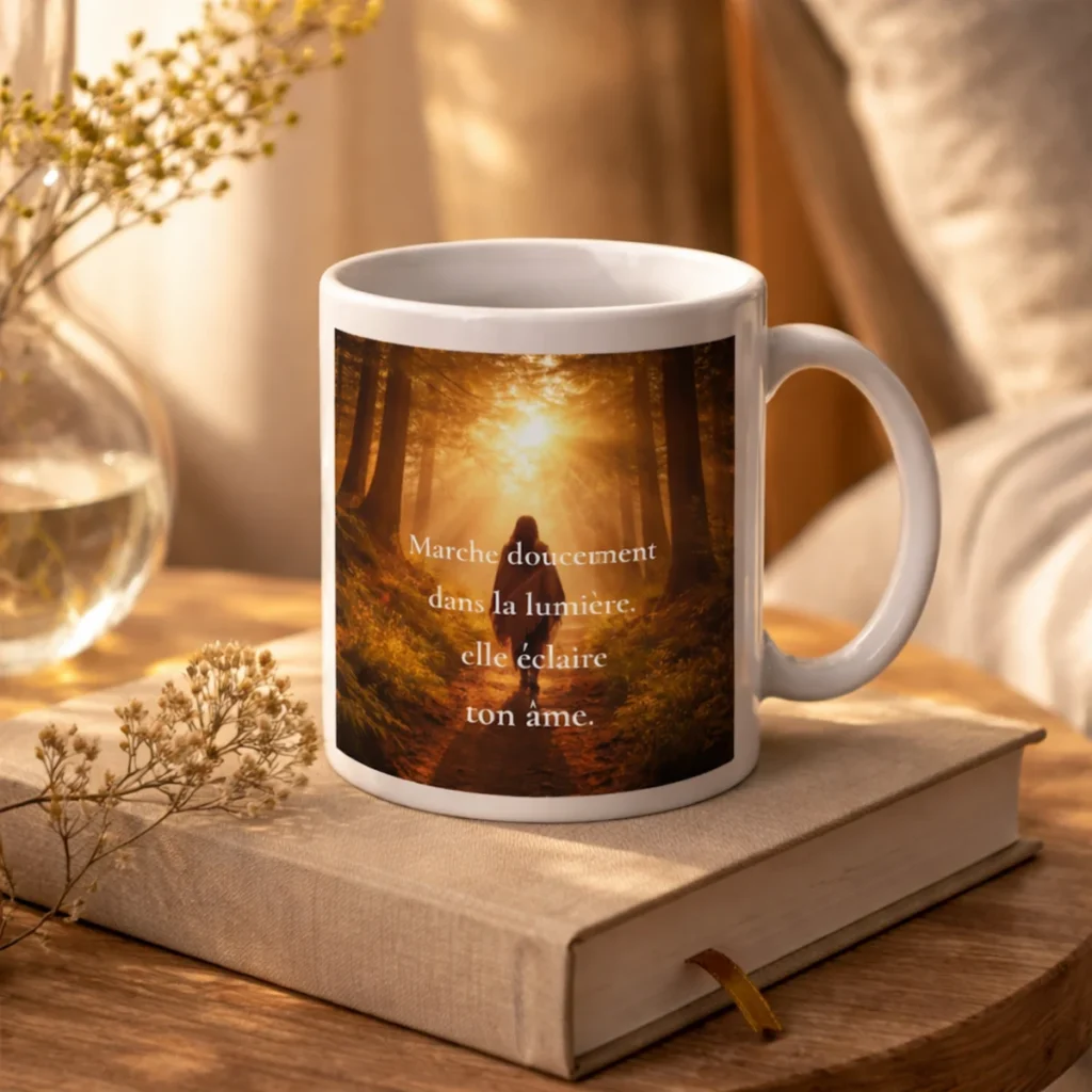 Mug blanc avec citation inspirante sur la lumière posé sur un livre dans une ambiance chaleureuse et apaisante