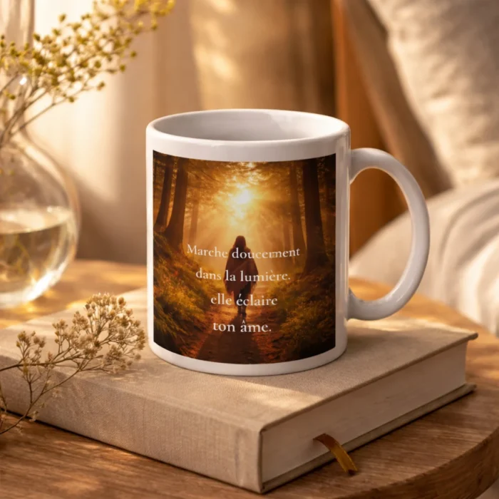 Mug blanc avec citation inspirante sur la lumière posé sur un livre dans une ambiance chaleureuse et apaisante