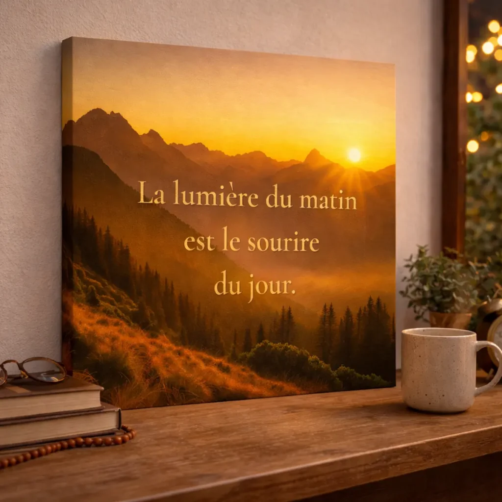 Toile murale La lumière du matin est le sourire du jour avec paysage de montagne doré vue de face