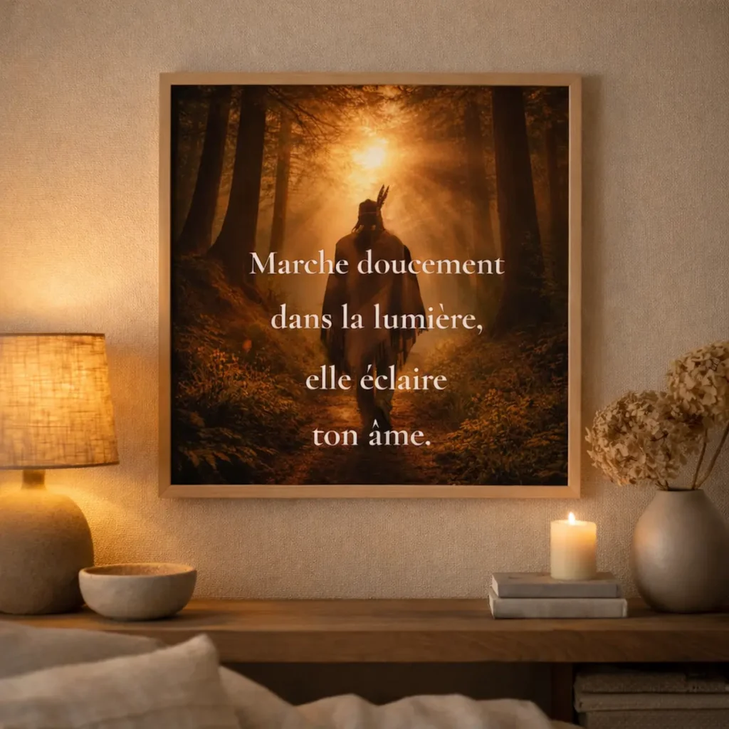 Mise en scène de l’affiche Marche doucement dans la lumière version homme dans un intérieur chaleureux avec cadre en bois, lampe et bougie
