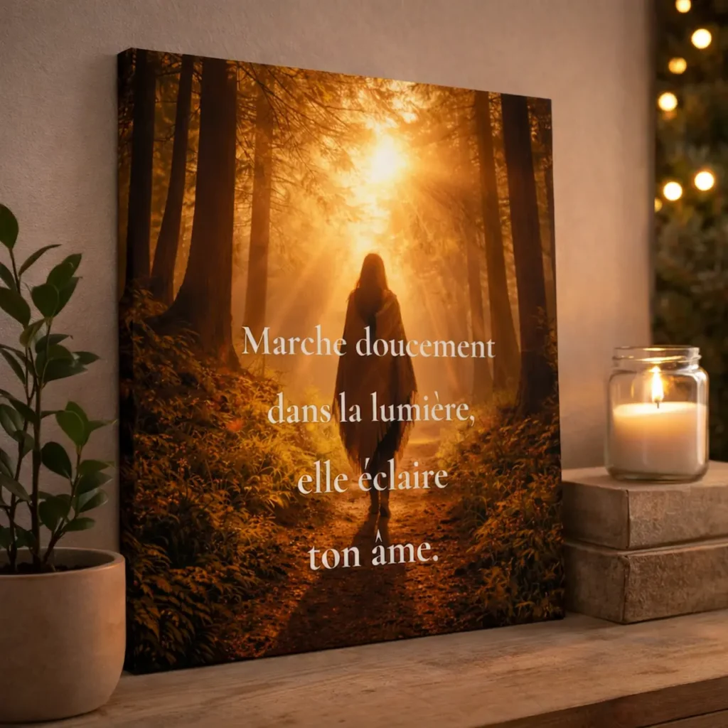 Toile murale femme silhouette dans forêt lumineuse avec citation marche doucement dans la lumière décoration murale apaisante
