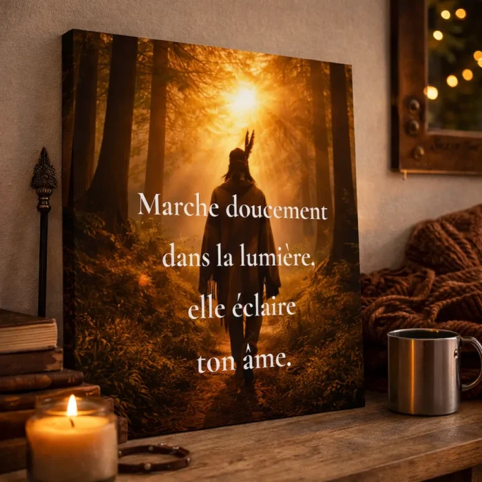Toile murale homme forêt lumière dorée citation marche doucement dans la lumière décoration spirituelle