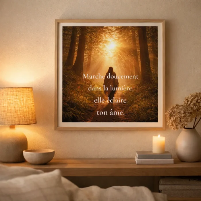 Affiche Marche doucement dans la lumière version femme mise en scène dans un intérieur chaleureux avec cadre en bois, lampe et bougie