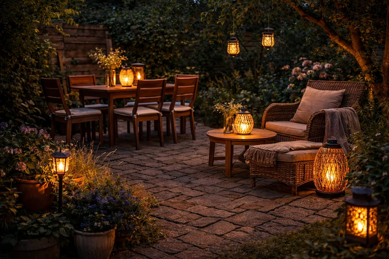 terrasse extérieure éclairée avec lampes solaires ambiance chaleureuse jardin soirée éclairage doux