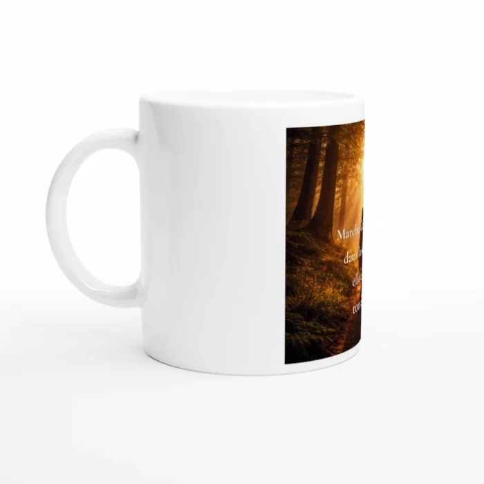 Mug Marche doucement dans la lumière version femme vue latérale gauche avec silhouette féminine et lumière dorée