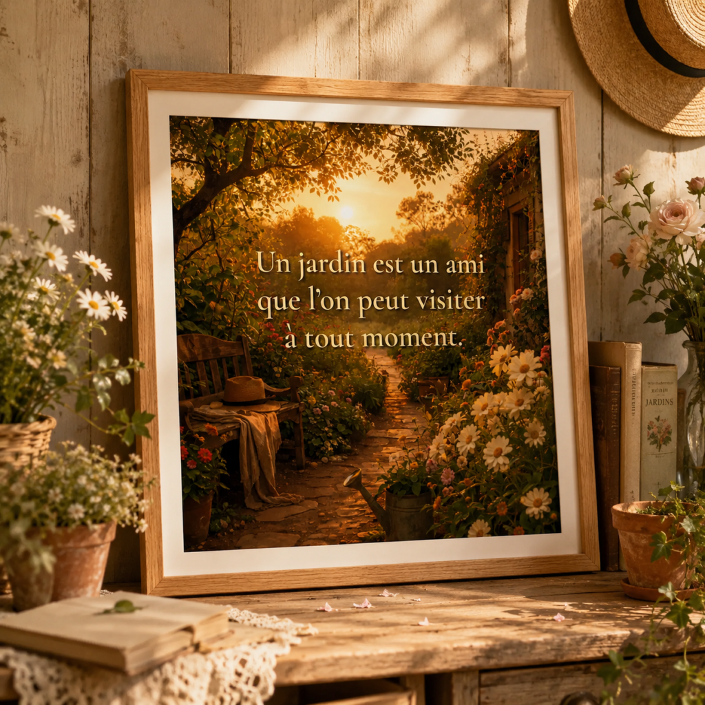 Affiche encadrée « Un jardin est un ami que l’on peut visiter à tout moment » en mise en scène bucolique, décor floral chaleureux et ambiance jardin romantique.
