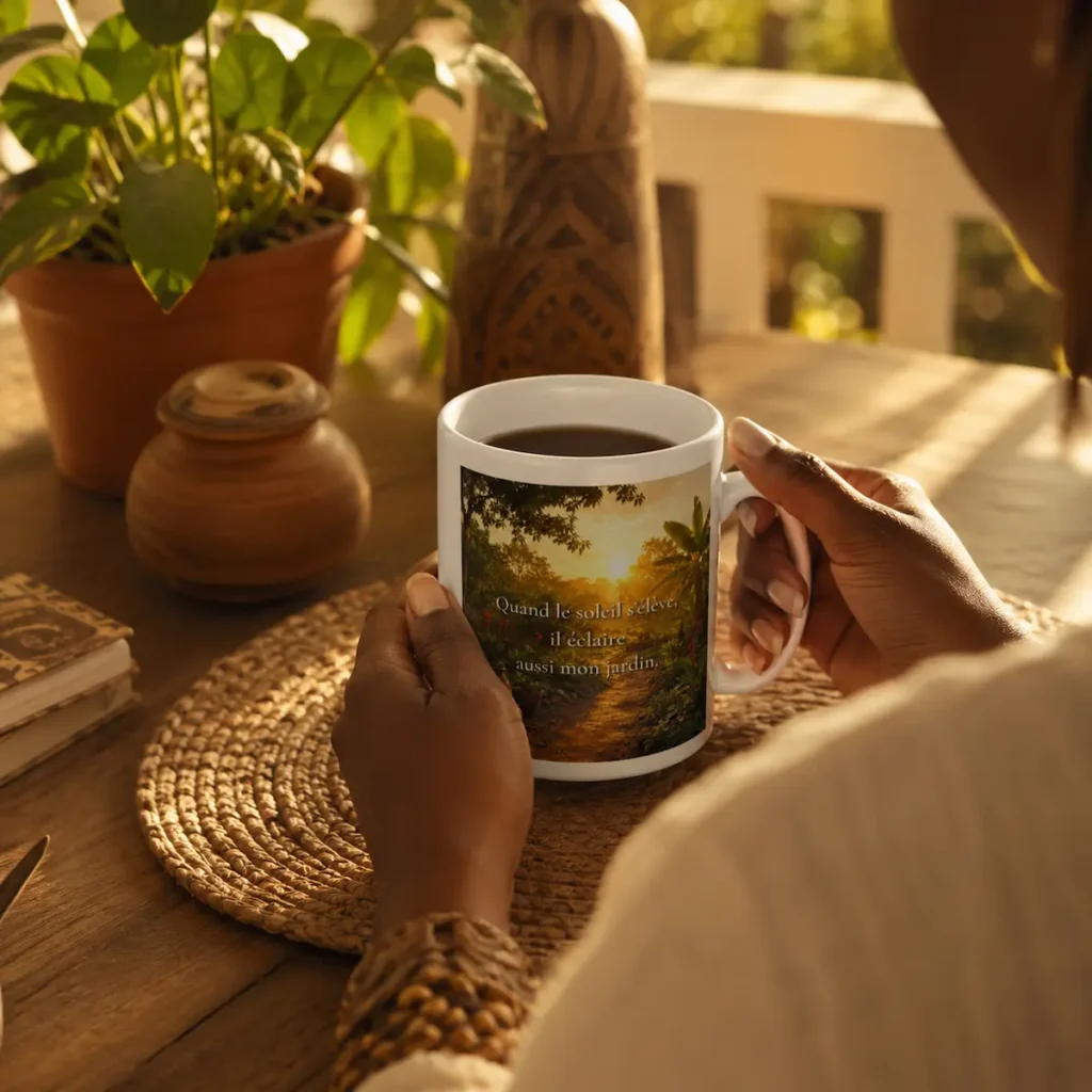 "Personne tenant un mug citation « Quand le soleil s’élève, il éclaire aussi mon jardin » dans une ambiance chaleureuse et apaisante d’inspiration africaine."