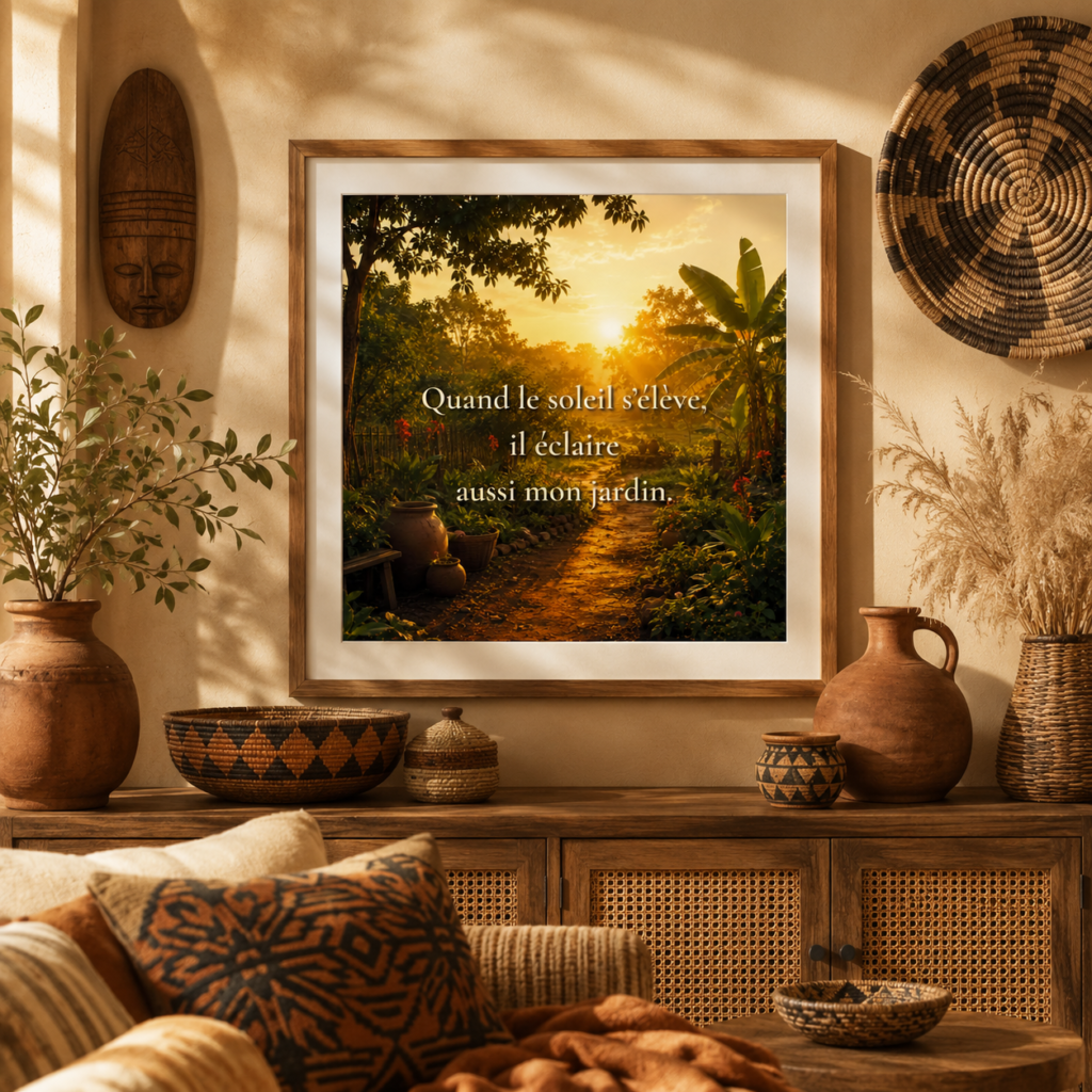 Affiche encadrée citation inspirante soleil levant « Quand le soleil s’élève, il éclaire aussi mon jardin » avec déco africaine chaleureuse Si tu veux, je peux aussi t’en fa