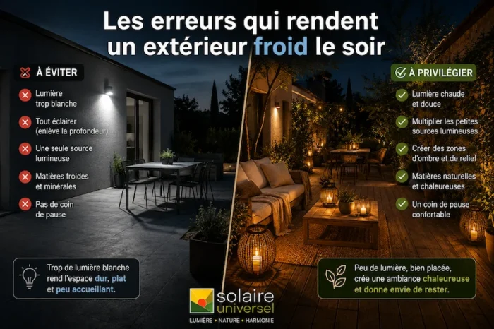 Comparaison entre un extérieur froid éclairé par une lumière blanche et une terrasse chaleureuse avec éclairage solaire d’ambiance et matières naturelles