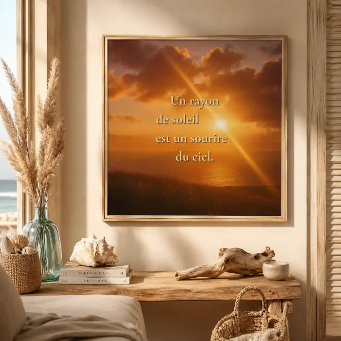 "Affiche murale encadrée « Un rayon de soleil est un sourire du ciel » dans une décoration bord de mer chaleureuse et lumineuse"