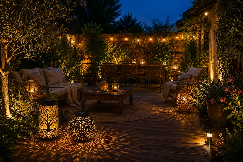 Terrasse chaleureuse illuminée par des lanternes solaires à jeux d’ombre créant une ambiance vivante et apaisante au jardin la nuit