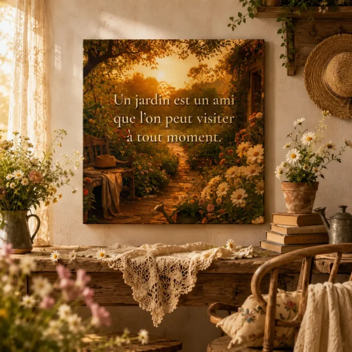 "Toile murale « Un jardin est un ami que l’on peut visiter à tout moment » dans une mise en scène bucolique chaleureuse avec fleurs, bois ancien et lumière dorée."