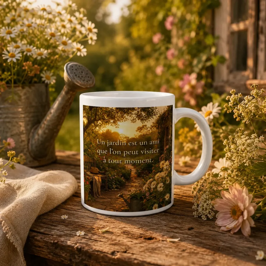 "Mug blanc « Un jardin est un ami que l’on peut visiter à tout moment » dans une mise en scène bucolique avec fleurs, arrosoir ancien et lumière dorée."
