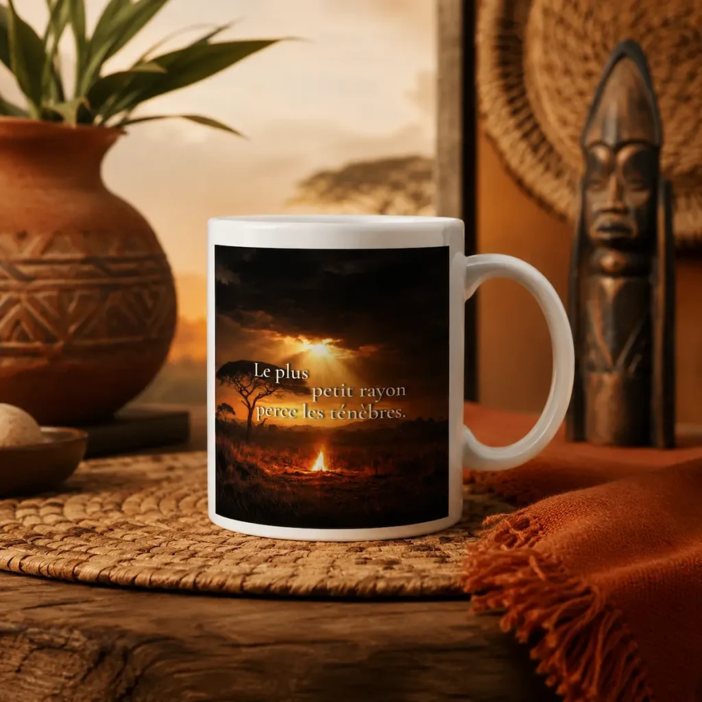 "Mug blanc « Le plus petit rayon perce les ténèbres » dans une mise en scène africaine chaleureuse avec poterie, bois brut et lumière dorée."
