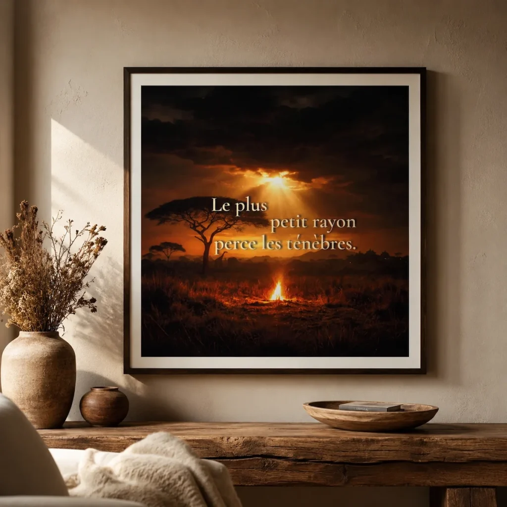 "Affiche encadrée « Le plus petit rayon perce les ténèbres » dans une mise en scène chaleureuse avec ambiance africaine, bois naturel et lumière douce."