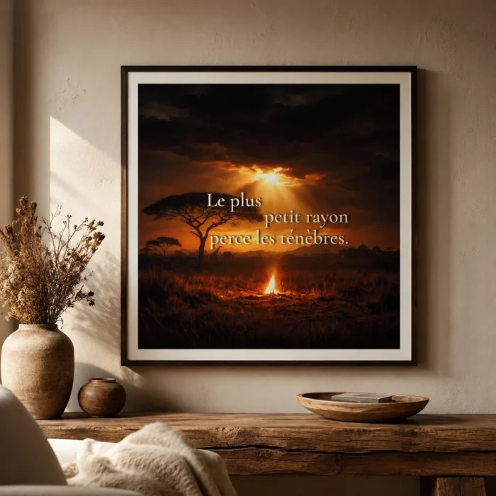 "Affiche encadrée « Le plus petit rayon perce les ténèbres » dans une mise en scène chaleureuse avec ambiance africaine, bois naturel et lumière douce."