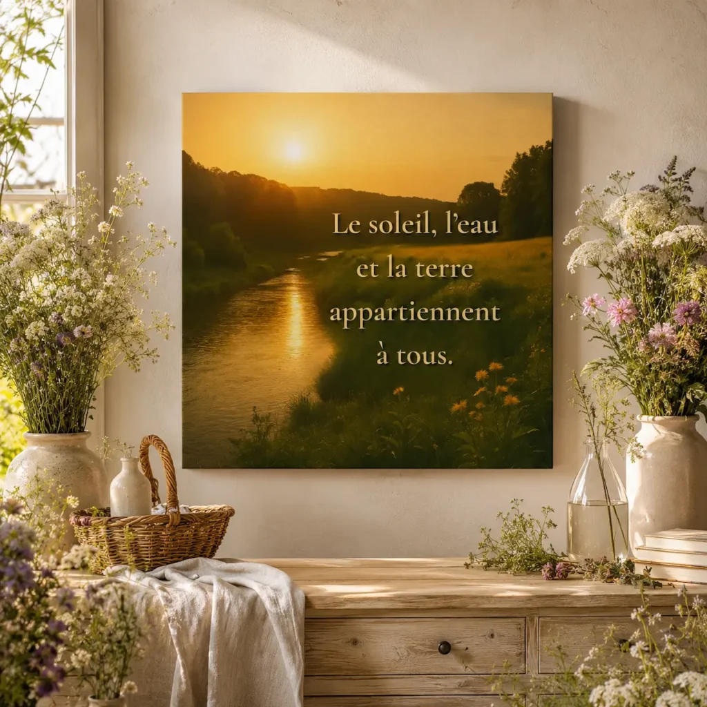 Mise en scène bucolique et florale d’une toile murale citation “Le soleil, l’eau et la terre appartiennent à tous” dans un intérieur chaleureux