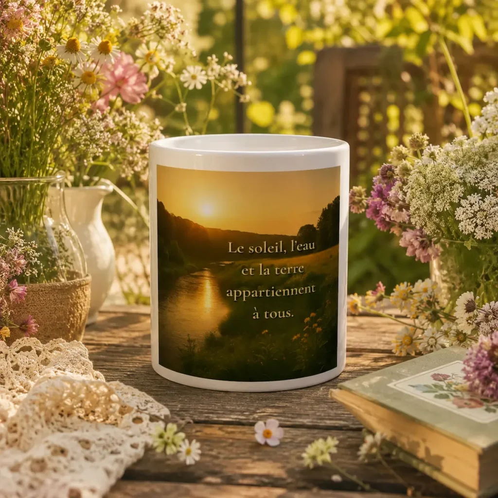 "Mug blanc « Le soleil, l’eau et la terre appartiennent à tous » dans une mise en scène bucolique et florale avec fleurs sauvages et lumière dorée."