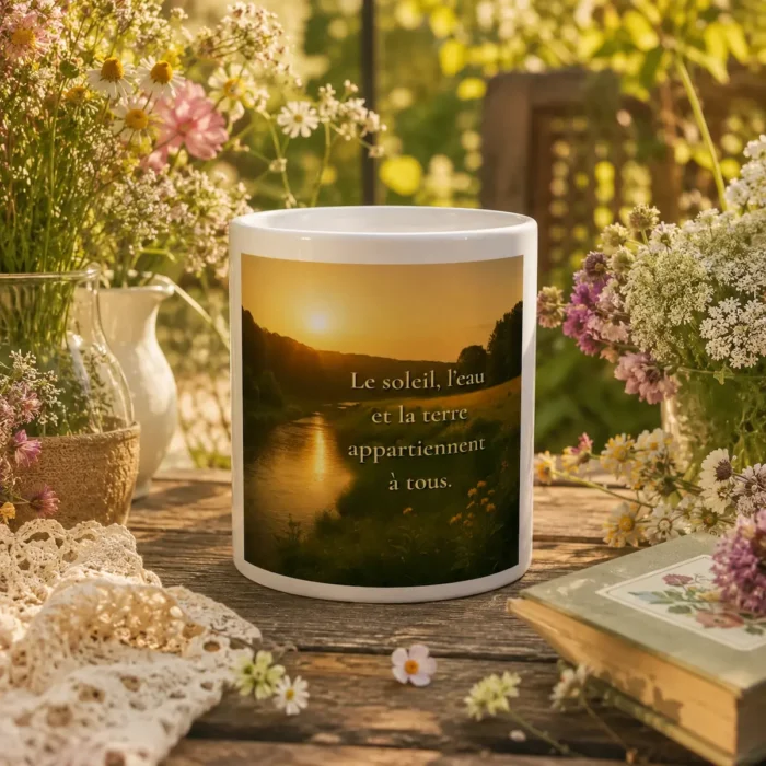 "Mug blanc « Le soleil, l’eau et la terre appartiennent à tous » dans une mise en scène bucolique et florale avec fleurs sauvages et lumière dorée."