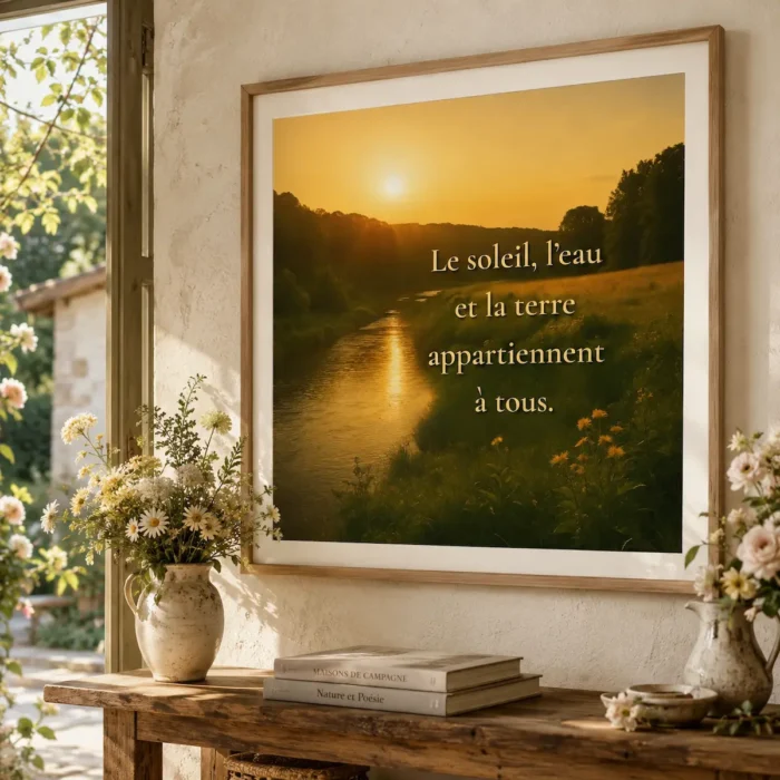 Affiche encadrée citation “Le soleil, l’eau et la terre appartiennent à tous” dans une mise en scène bucolique et florale
