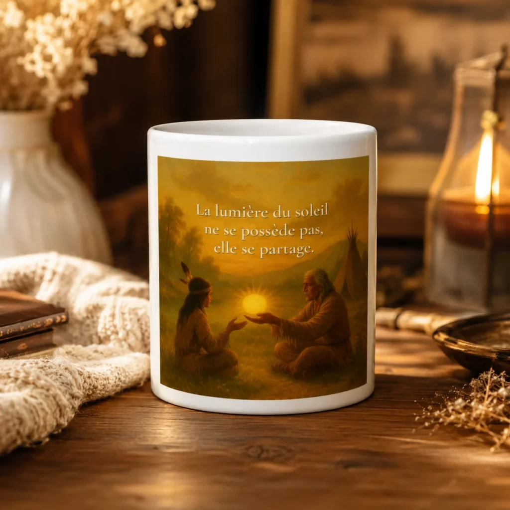 "Mug blanc « La lumière du soleil ne se possède pas, elle se partage » dans une mise en scène chaude et chaleureuse avec lumière douce, bois naturel et ambiance cocooning."