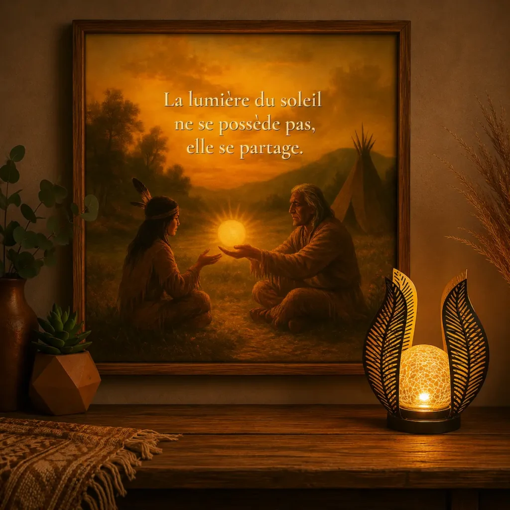 "Affiche encadrée « La lumière du soleil ne se possède pas, elle se partage » avec lampe décorative noire et dorée dans une ambiance chaleureuse et spirituelle."