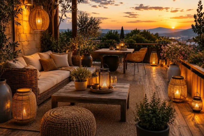 Terrasse chaleureuse éclairée par des lanternes solaires créant une ambiance apaisante et naturelle au coucher du soleil