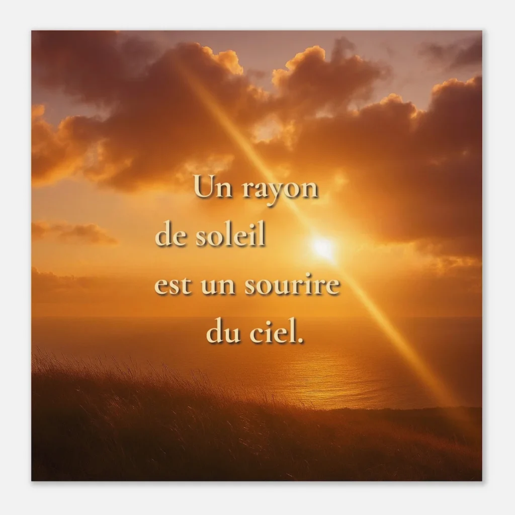 "Affiche citation inspirante coucher de soleil – Un rayon de soleil est un sourire du ciel – décoration murale lumineuse et apaisante"