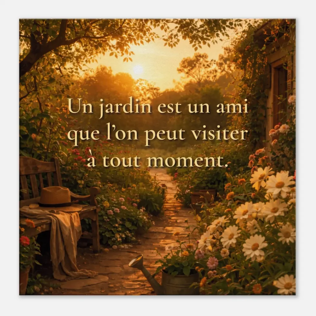 "Tableau mural ambiance jardin lumineux avec fleurs et allée sous lumière dorée — citation inspirante « Un jardin est un ami que l’on peut visiter à tout moment » Vue zoom