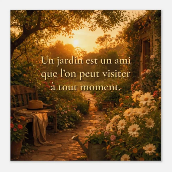 Affiche jardin lumineux citation « Un jardin est un ami que l’on peut visiter à tout moment » — décoration murale nature chaleureuse Solaire Universel