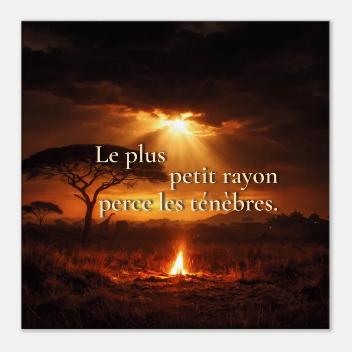 Tableau inspiration lumière et espoir – paysage africain au coucher du soleil avec citation « Le plus petit rayon perce les ténèbres »