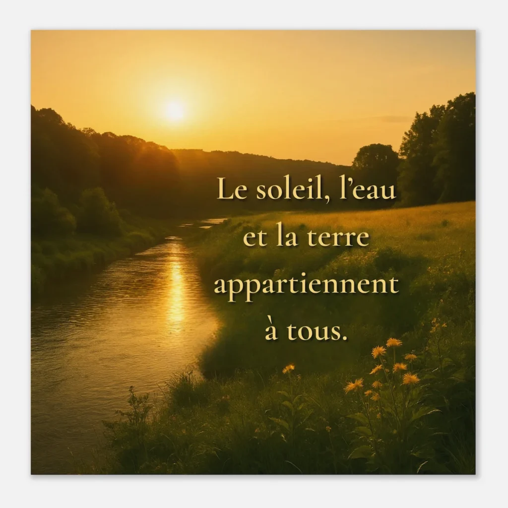 Affiche coucher de soleil nature avec rivière lumineuse et citation « Le soleil, l’eau et la terre appartiennent à tous », ambiance apaisante et naturelle