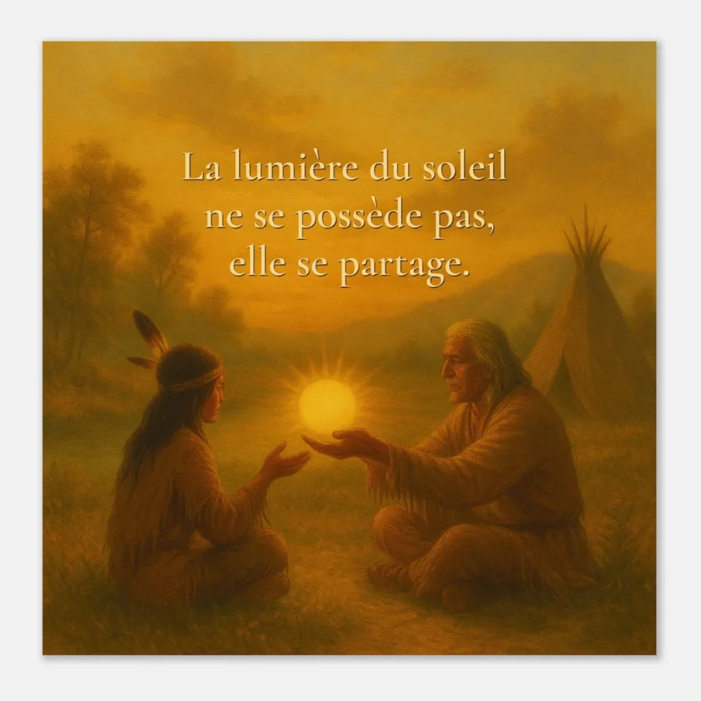 Affiche qualité muséale « La lumière du soleil ne se possède pas, elle se partage » – illustration spirituelle amérindienne, scène de transmission lumineuse et ambiance chaleureuse apaisante